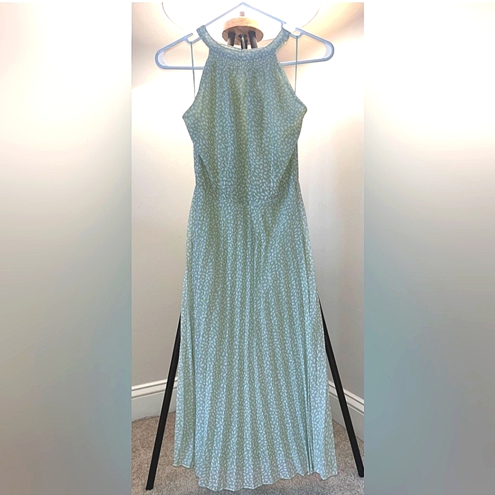 Japna Green/White Floral Halter-Style Midi Dress Chiffon Lined Pleated NWT Sz SM